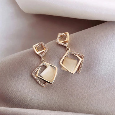 925 Silver Needle Golden Square Opal Earrings