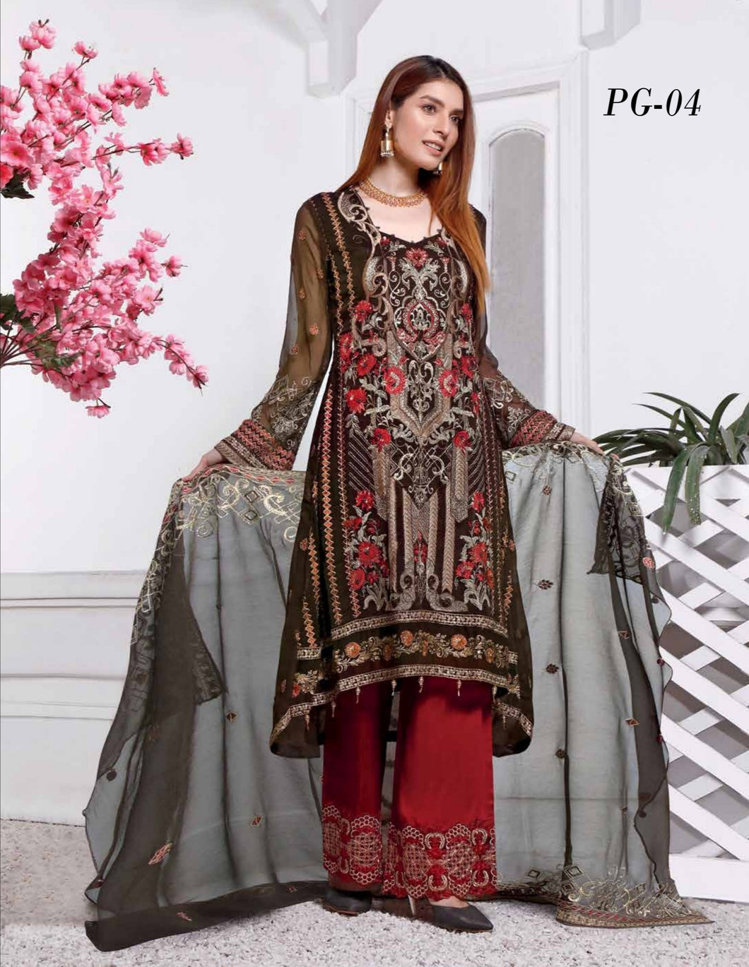 PARIGUL Luxury Embroidered 3pc Unstitched Chiffon Suiting