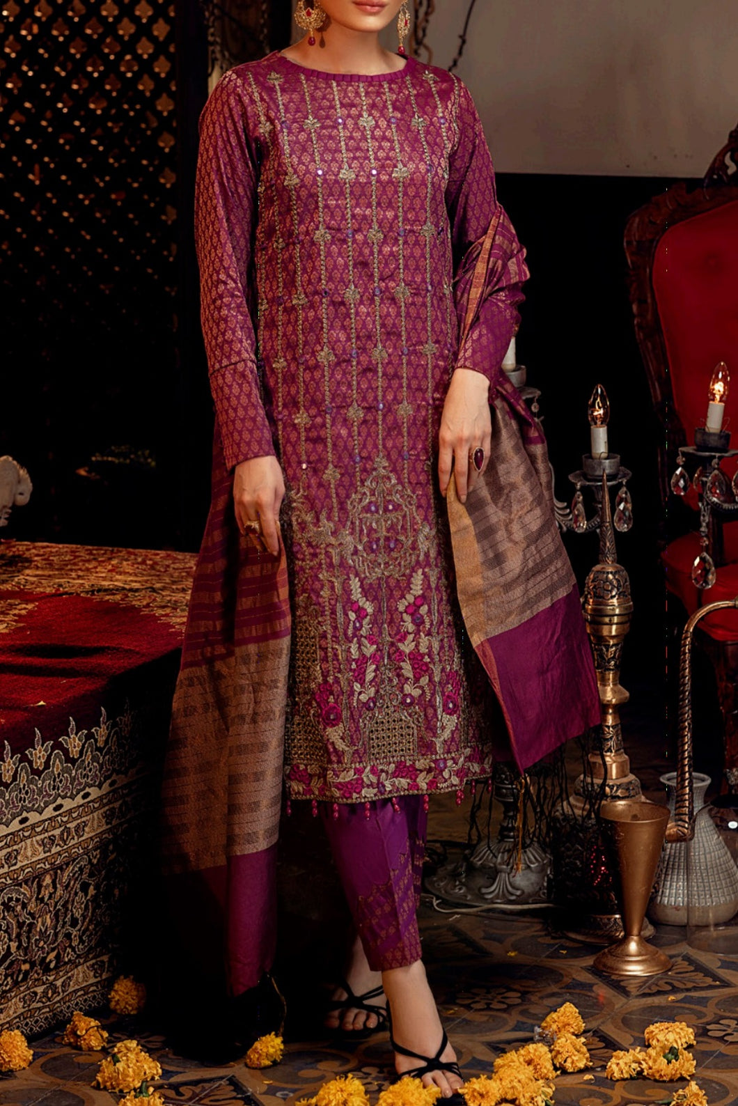 Rukh-e-Gul - 3pc Unstitched - Embroidered Jacquard Luxury Banarsi Viscose Suit (WK-00877)