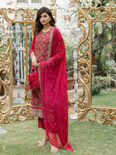 Load image into Gallery viewer, Salitex - Fuschia - Unstitched 3pc - Full Embroidered Chiffon Shirt & Embroidered Chiffon Dupatta with Dyed Raw Silk Trouser - (HC-00009UT)