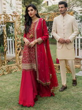 Load image into Gallery viewer, Salitex - Fuschia - Unstitched 3pc - Full Embroidered Chiffon Shirt & Embroidered Chiffon Dupatta with Dyed Raw Silk Trouser - (HC-00009UT)