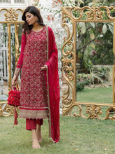 Load image into Gallery viewer, Salitex - Fuschia - Unstitched 3pc - Full Embroidered Chiffon Shirt & Embroidered Chiffon Dupatta with Dyed Raw Silk Trouser - (HC-00009UT)