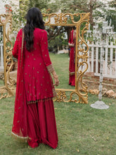 Load image into Gallery viewer, Salitex - Fuschia - Unstitched 3pc - Full Embroidered Chiffon Shirt & Embroidered Chiffon Dupatta with Dyed Raw Silk Trouser - (HC-00009UT)