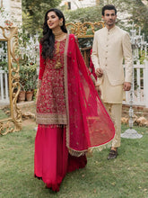 Load image into Gallery viewer, Salitex - Fuschia - Unstitched 3pc - Full Embroidered Chiffon Shirt & Embroidered Chiffon Dupatta with Dyed Raw Silk Trouser - (HC-00009UT)