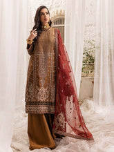 Load image into Gallery viewer, Royal Bronze - Unstitched 3pc - Full Embroidered Khaadi Net Shirt & Organza Dupatta with Dyed Raw Silk Trouser - (HC-00013UT)