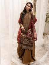 Load image into Gallery viewer, Royal Bronze - Unstitched 3pc - Full Embroidered Khaadi Net Shirt & Organza Dupatta with Dyed Raw Silk Trouser - (HC-00013UT)