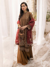 Load image into Gallery viewer, Royal Bronze - Unstitched 3pc - Full Embroidered Khaadi Net Shirt & Organza Dupatta with Dyed Raw Silk Trouser - (HC-00013UT)