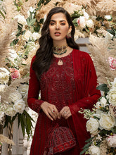 Load image into Gallery viewer, Scarlet - Unstitched 3pc - Full Embroidered Chiffon Shirt & Embroidered Chiffon Dupatta with Dyed Raw Silk Trouser - (HC-00015UT)