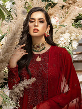 Load image into Gallery viewer, Scarlet - Unstitched 3pc - Full Embroidered Chiffon Shirt & Embroidered Chiffon Dupatta with Dyed Raw Silk Trouser - (HC-00015UT)