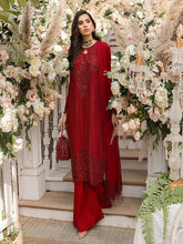 Load image into Gallery viewer, Scarlet - Unstitched 3pc - Full Embroidered Chiffon Shirt & Embroidered Chiffon Dupatta with Dyed Raw Silk Trouser - (HC-00015UT)