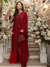 Load image into Gallery viewer, Scarlet - Unstitched 3pc - Full Embroidered Chiffon Shirt & Embroidered Chiffon Dupatta with Dyed Raw Silk Trouser - (HC-00015UT)