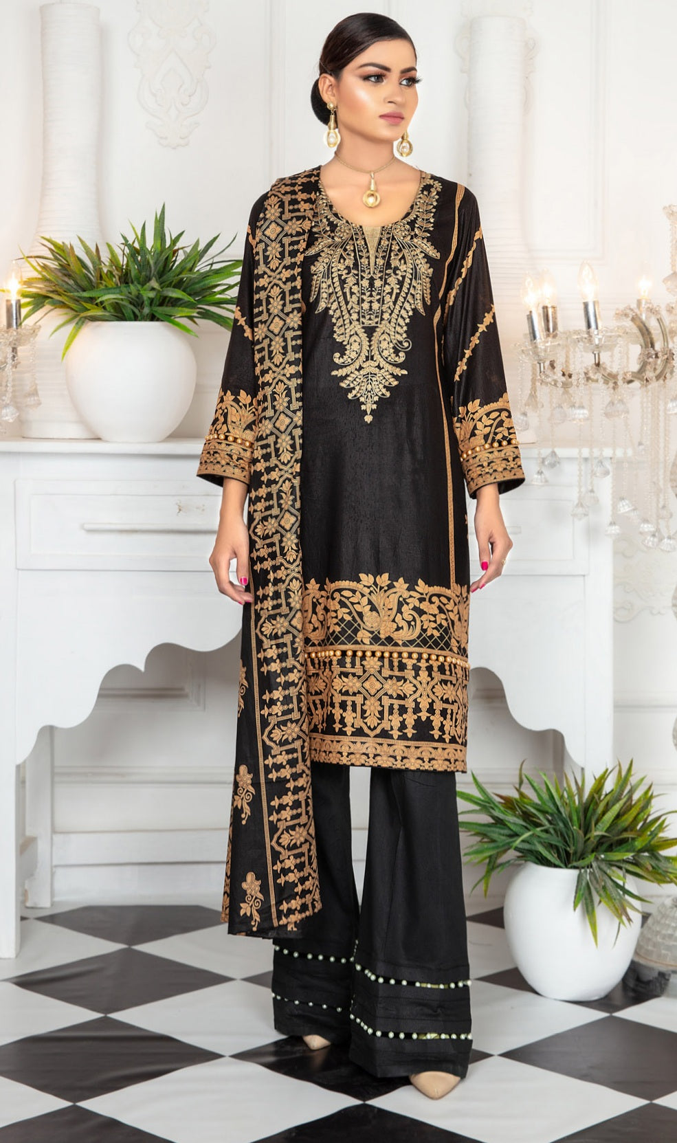Black Edition 3pc Unstitched Printed Embroidered Lawn Suit by Bin Dawood