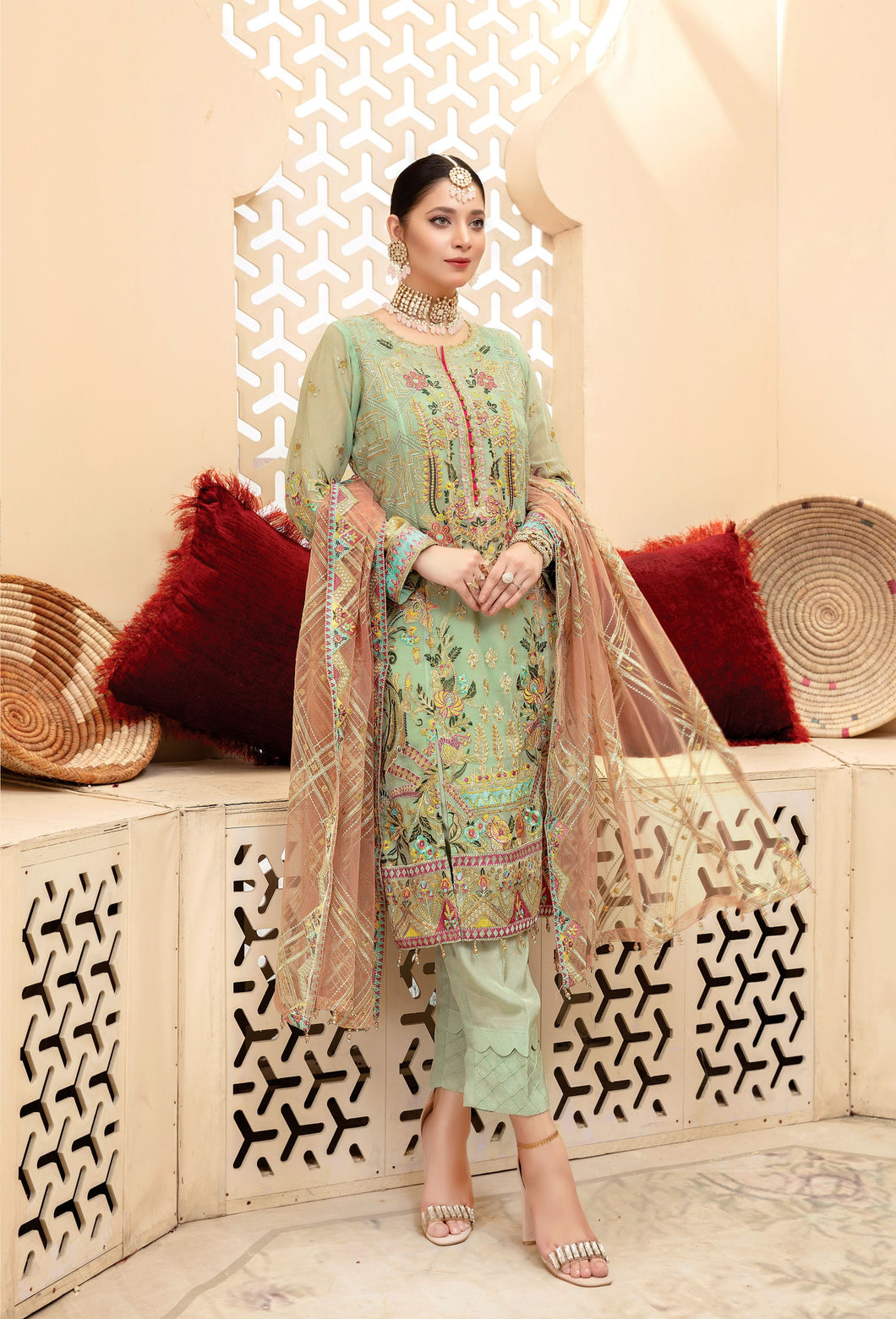 MARJAAN 3pc Unstitched Fancy Chiffon Suiting M-02