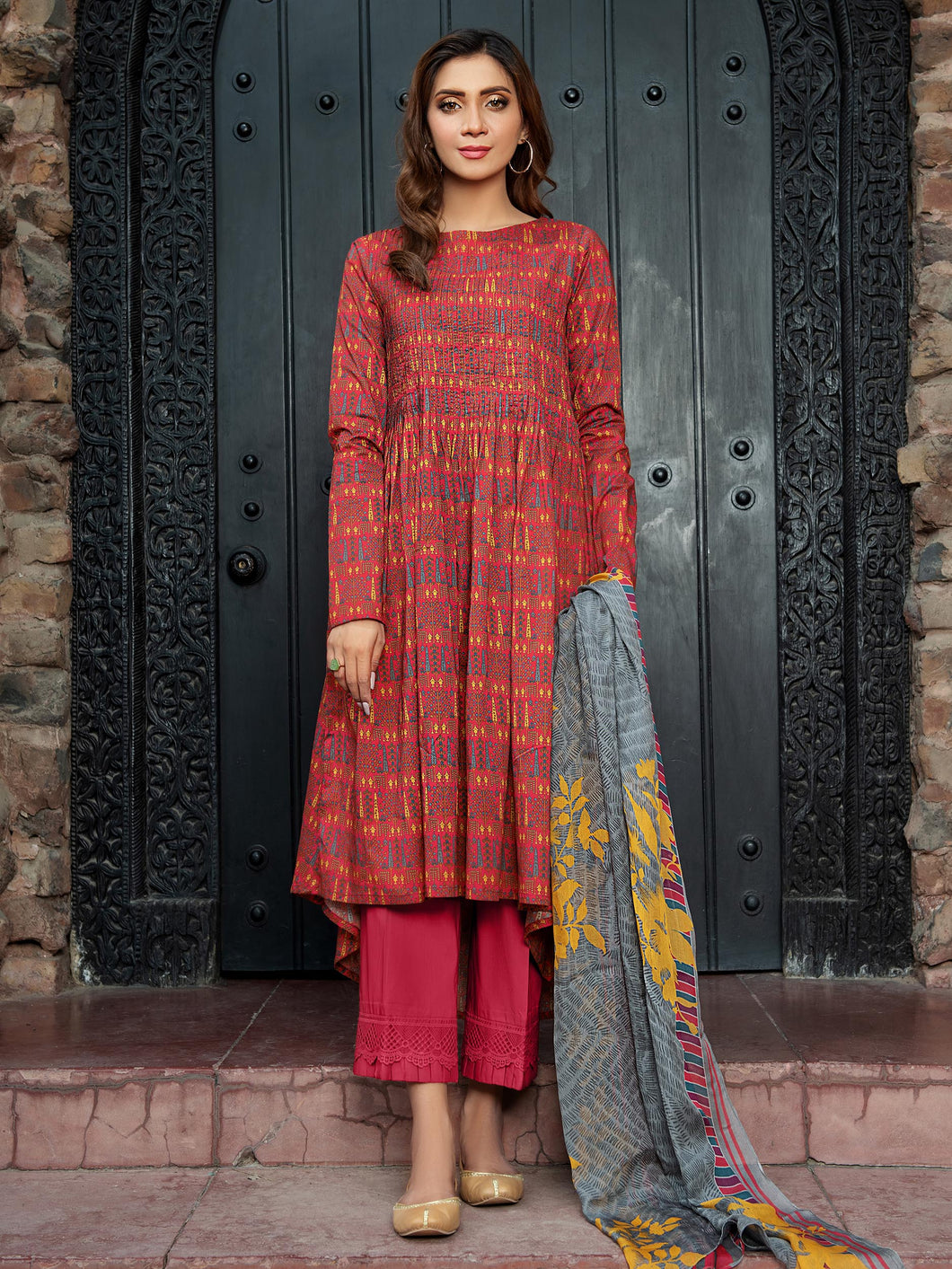 Unstitched Printed Lawn 3pc Suit (Code:U1514RED)