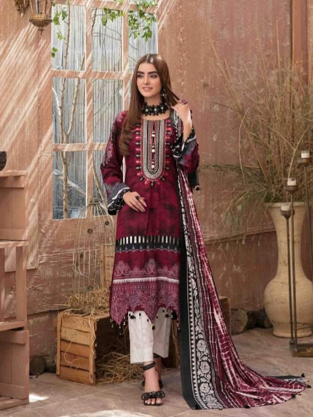 AASHNAA 3pc Unstitched Embroidered Digital Printed Tie & Dye Linen Suit D-6053
