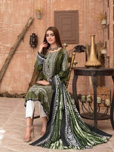 Load image into Gallery viewer, AASHNAA 3pc Unstitched Embroidered Digital Printed Tie &amp; Dye Linen Suit D-6057
