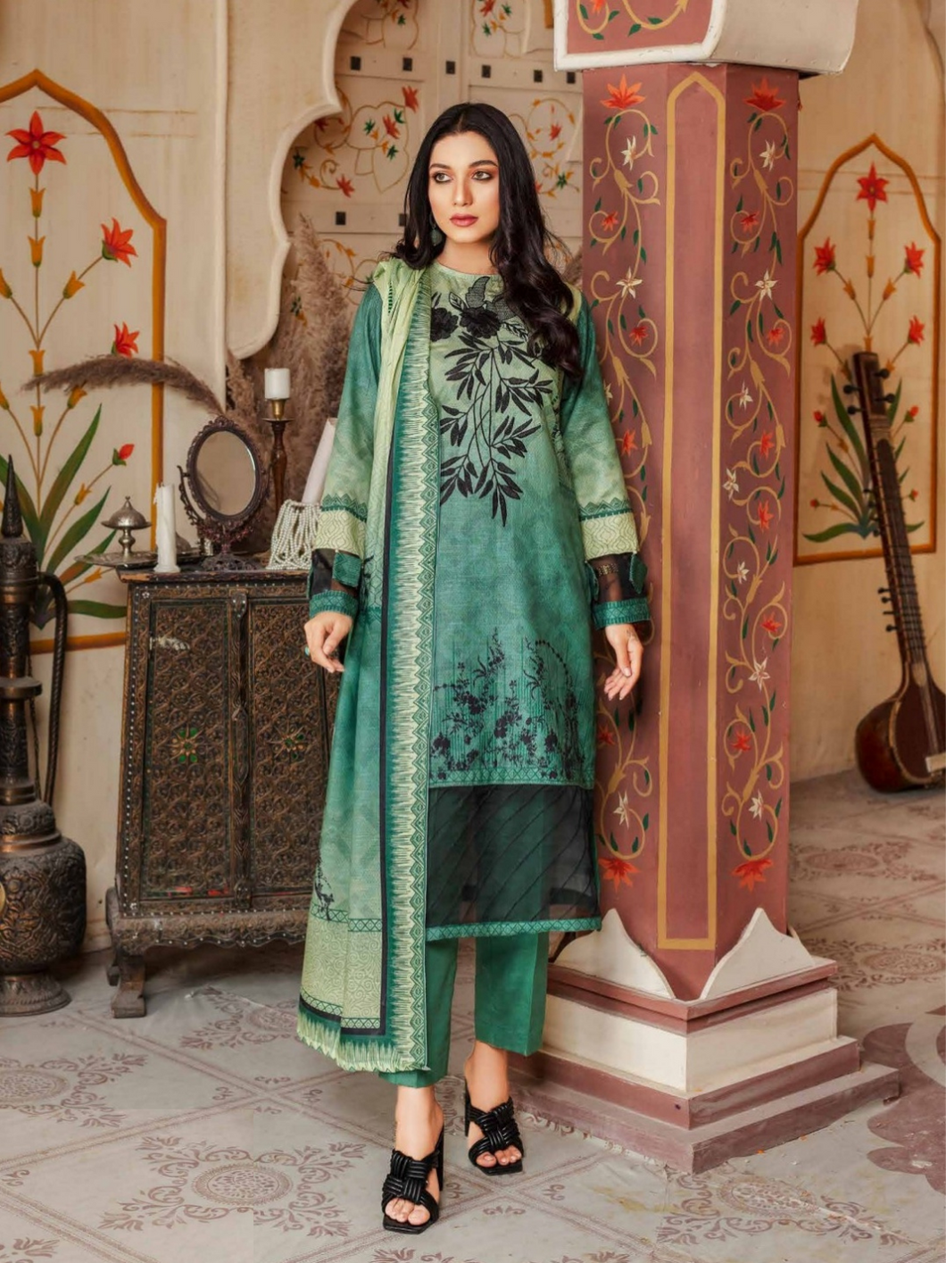 SANJ 3pc Unstitched Embroidered Digital Printed Premium Winter Khaddar Suit S-01