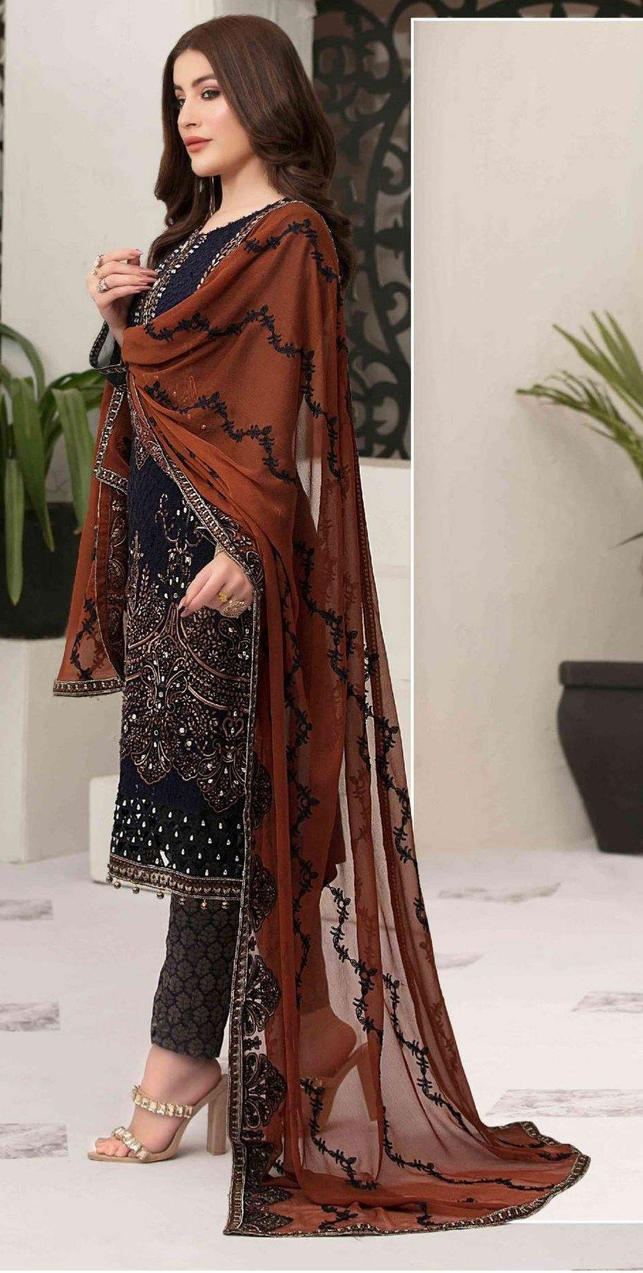 3pc Unstitched Fancy Embroidered Chiffon Designer wear Dress - Tawakkal Fabrics