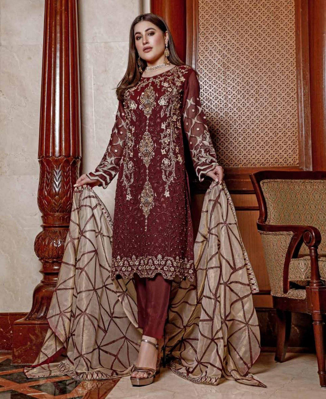 3pc Unstitched Luxury Embroidered Fancy Chiffon dress by Moti's