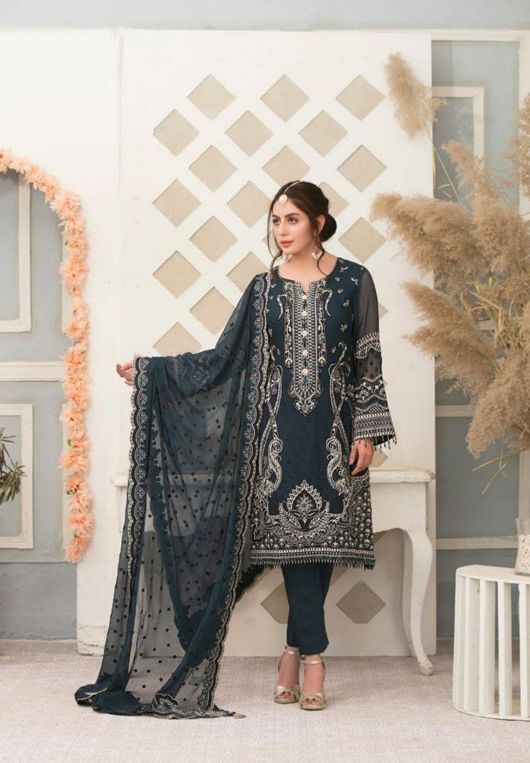 3pc Unstitched Fancy Embroidered Chiffon Designer wear Dress - Tawakkal Fabrics