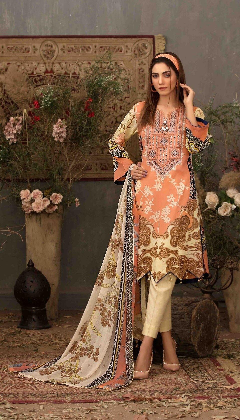 3 pc Unstitched Embroidered Printed Lawn Suit - Tawakkal Fabrics