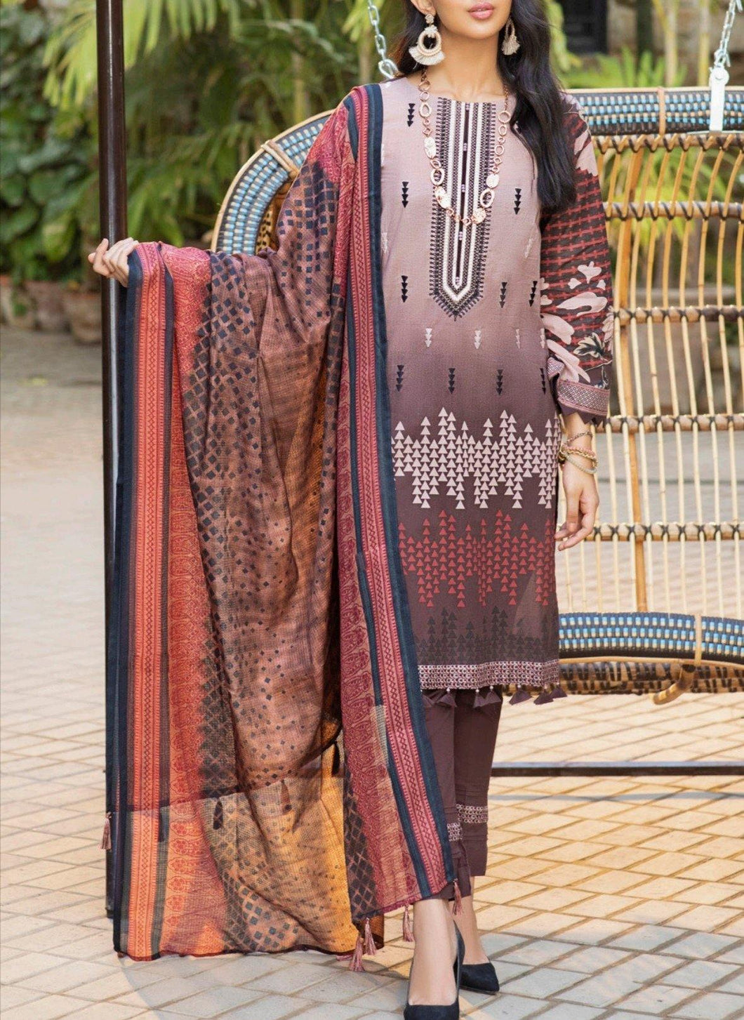 Oznur Salitex 3 pc Unstitched Embroidered Gold Print Lawn Suit