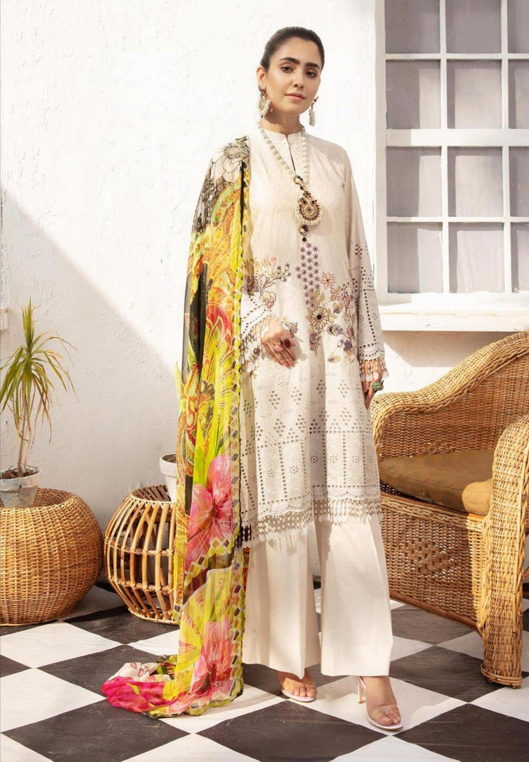 3 pc Unstitched Chikankari Embroidered Fancy Lawn Suit - Shaista