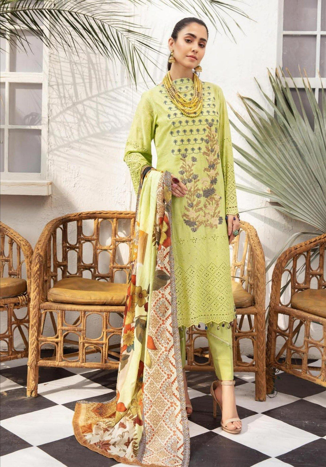 3 pc Unstitched Chikankari Embroidered Fancy Lawn Suit - Shaista