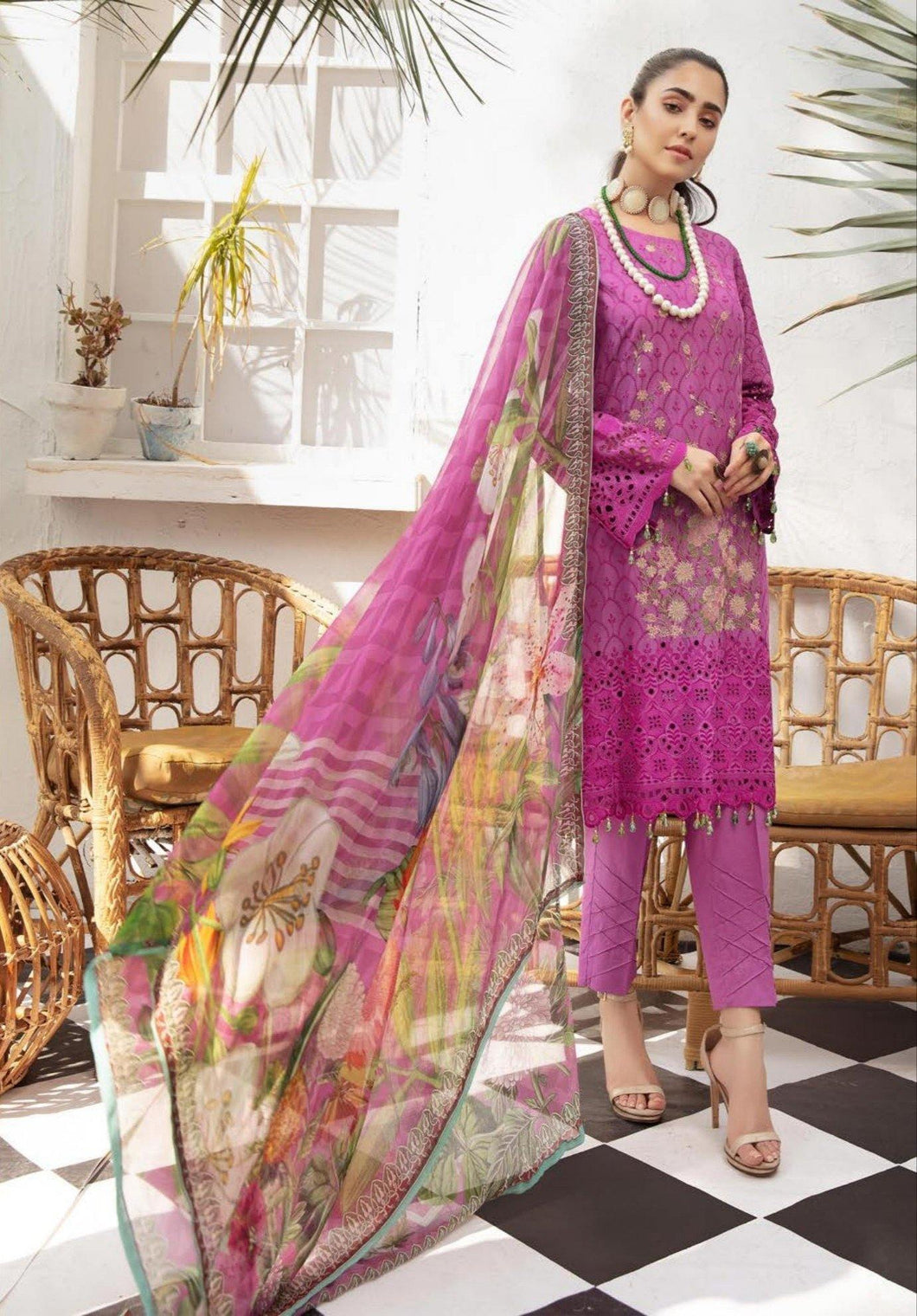 3 pc Unstitched Chikankari Embroidered Fancy Lawn Suit - Shaista