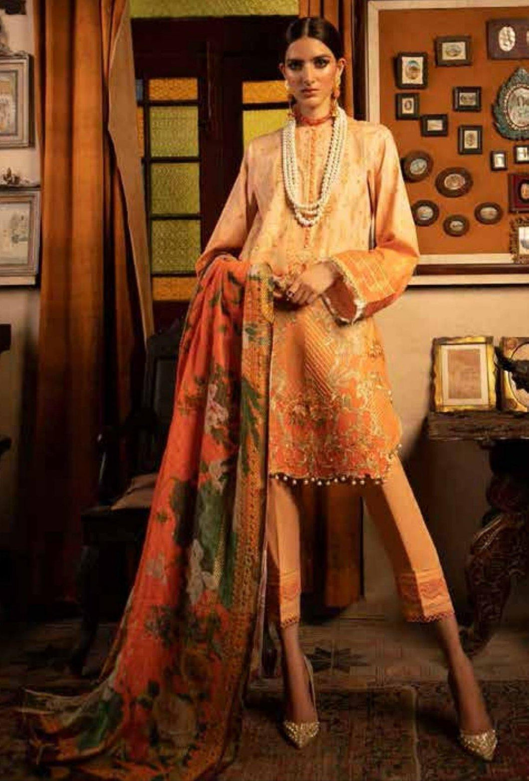 3 pc Unstitched Embroidered Lawn Suit - Bin-Ilyas