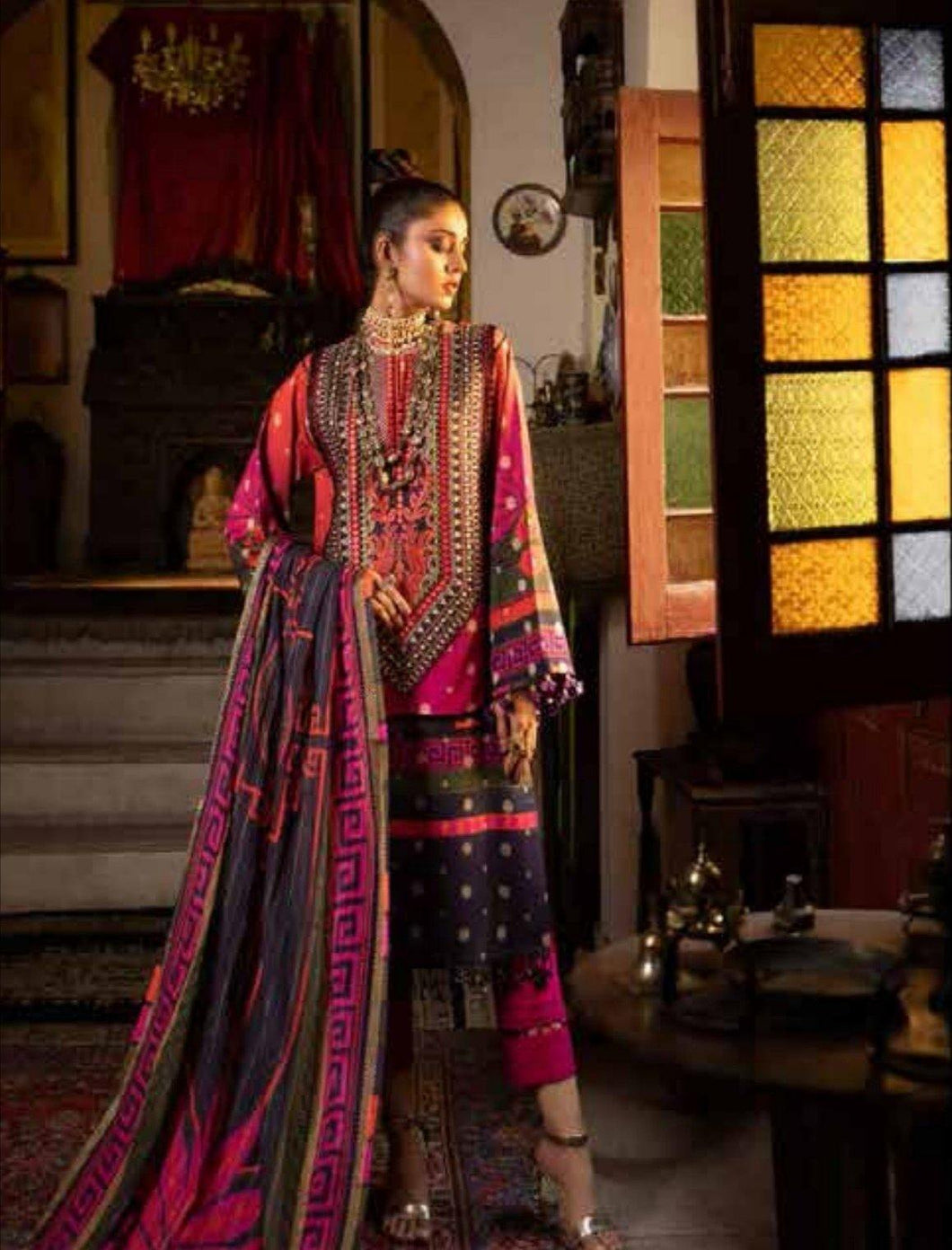 3 pc Unstitched Embroidered Lawn Suit - Bin-Ilyas