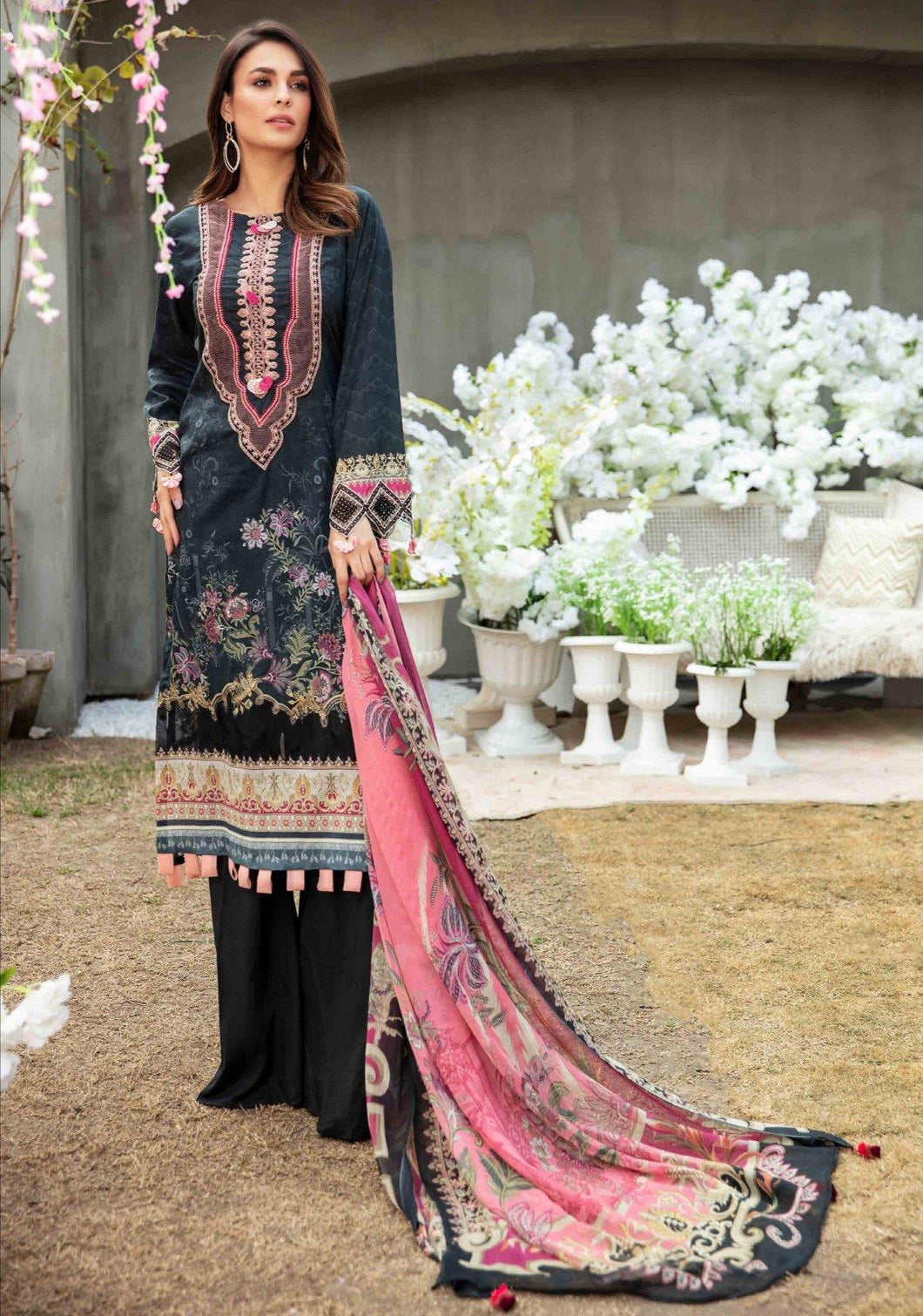 Black waves 3 pc Unstitched Embroidered Lawn Suit