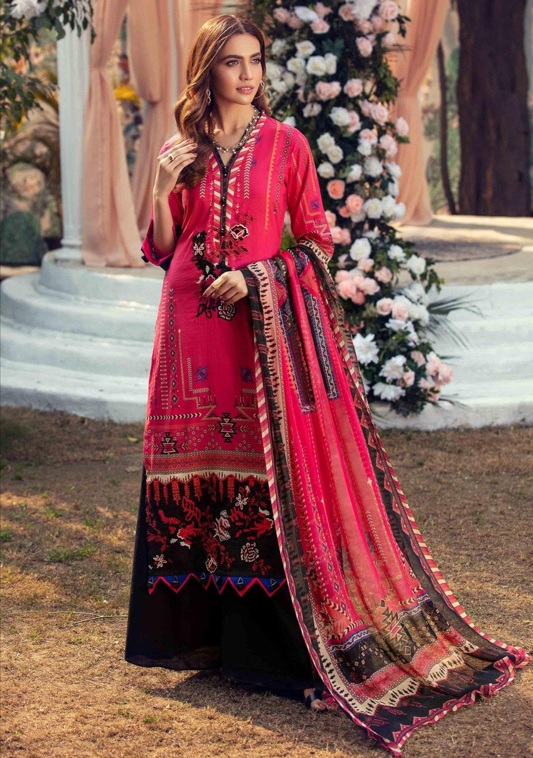 Electric Pink 3 pc Unstitched Embroidered Lawn Suit