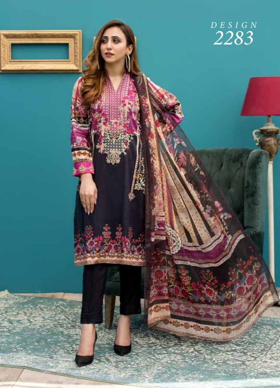 3 pc Unstitched Digital Printed Embroidered Lawn Suit by Rashid-Tex