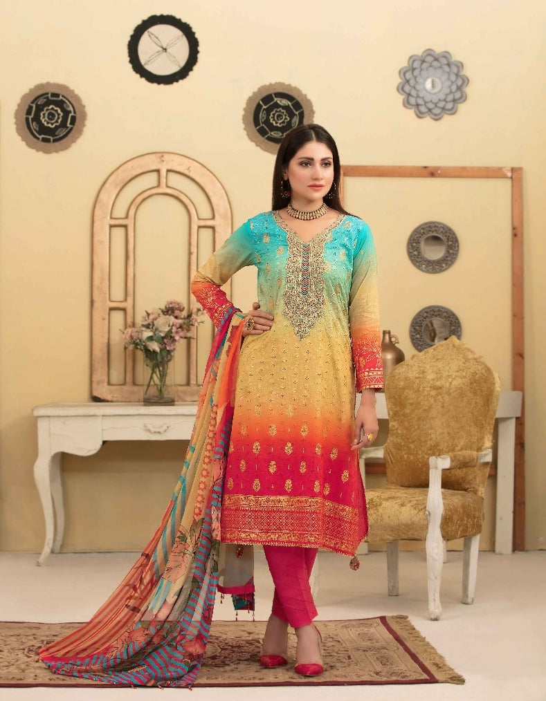 3 pc Unstitched Schiffli Embroidered Lawn Suit by Tawakkal Fabrics