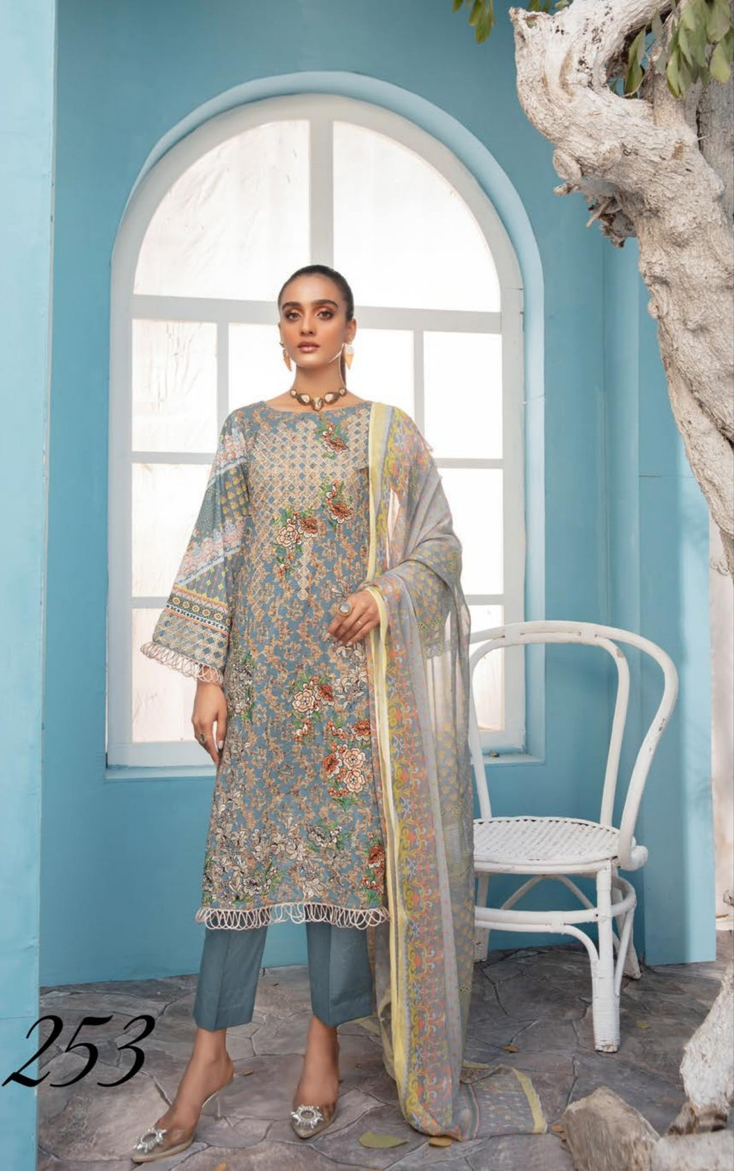 3 pc Unstitched Chikankari Embroidered Fancy Lawn Suit - Shaista