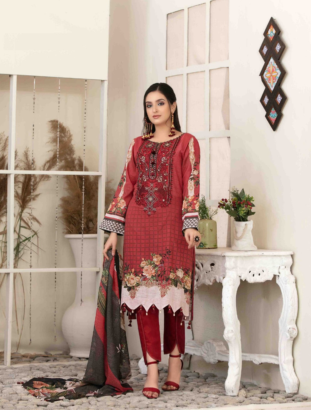 3 pc Unstitched Embroidered Printed Lawn Suit by Tawakkal Fabrics