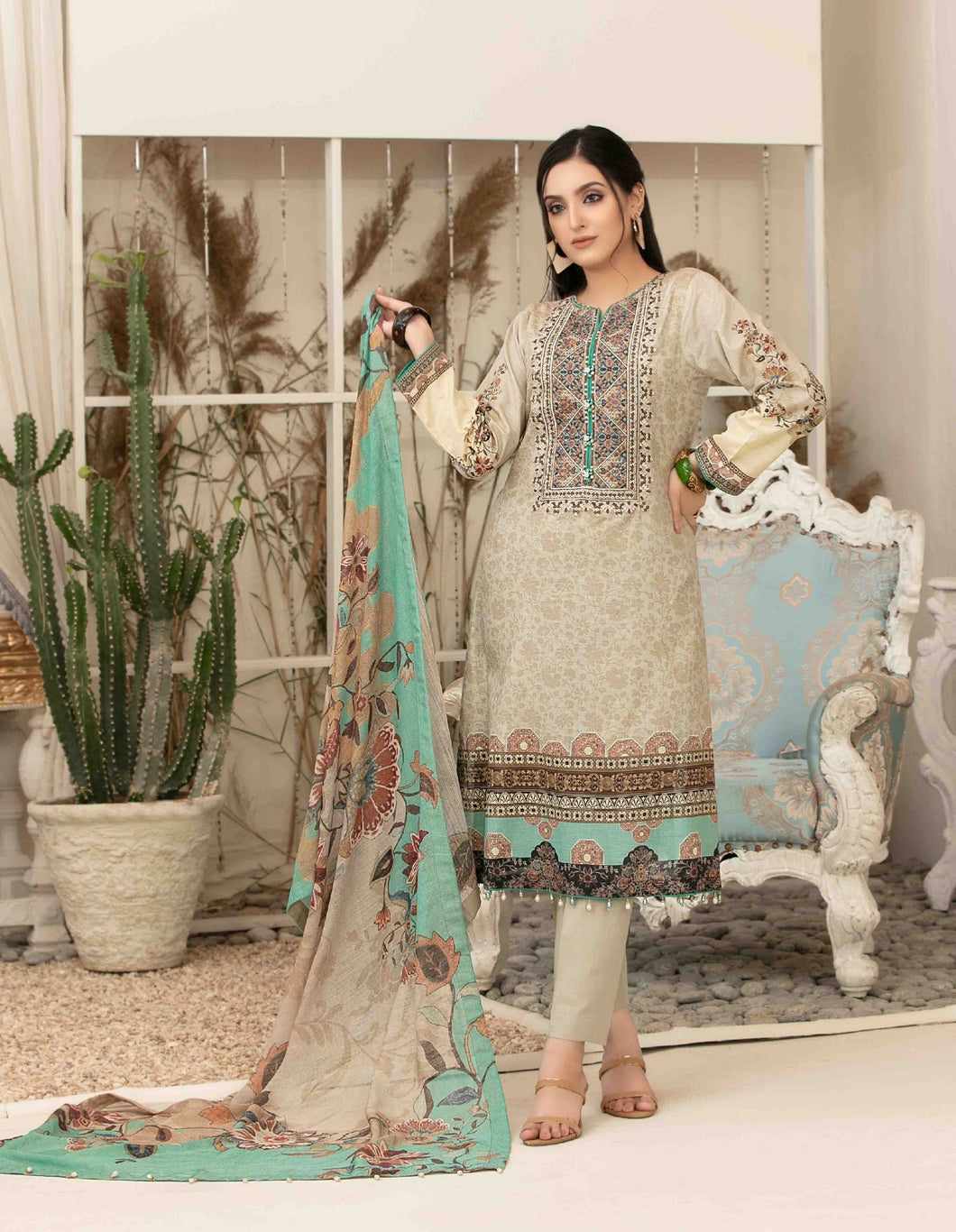 3 pc Unstitched Embroidered Printed Lawn Suit by Tawakkal Fabrics