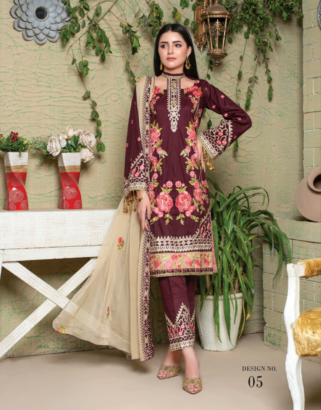3 pc Unstitched Fully Embroidered Luxury Cotton Suit