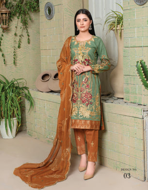 3 pc Unstitched Fully Embroidered Luxury Cotton Suit