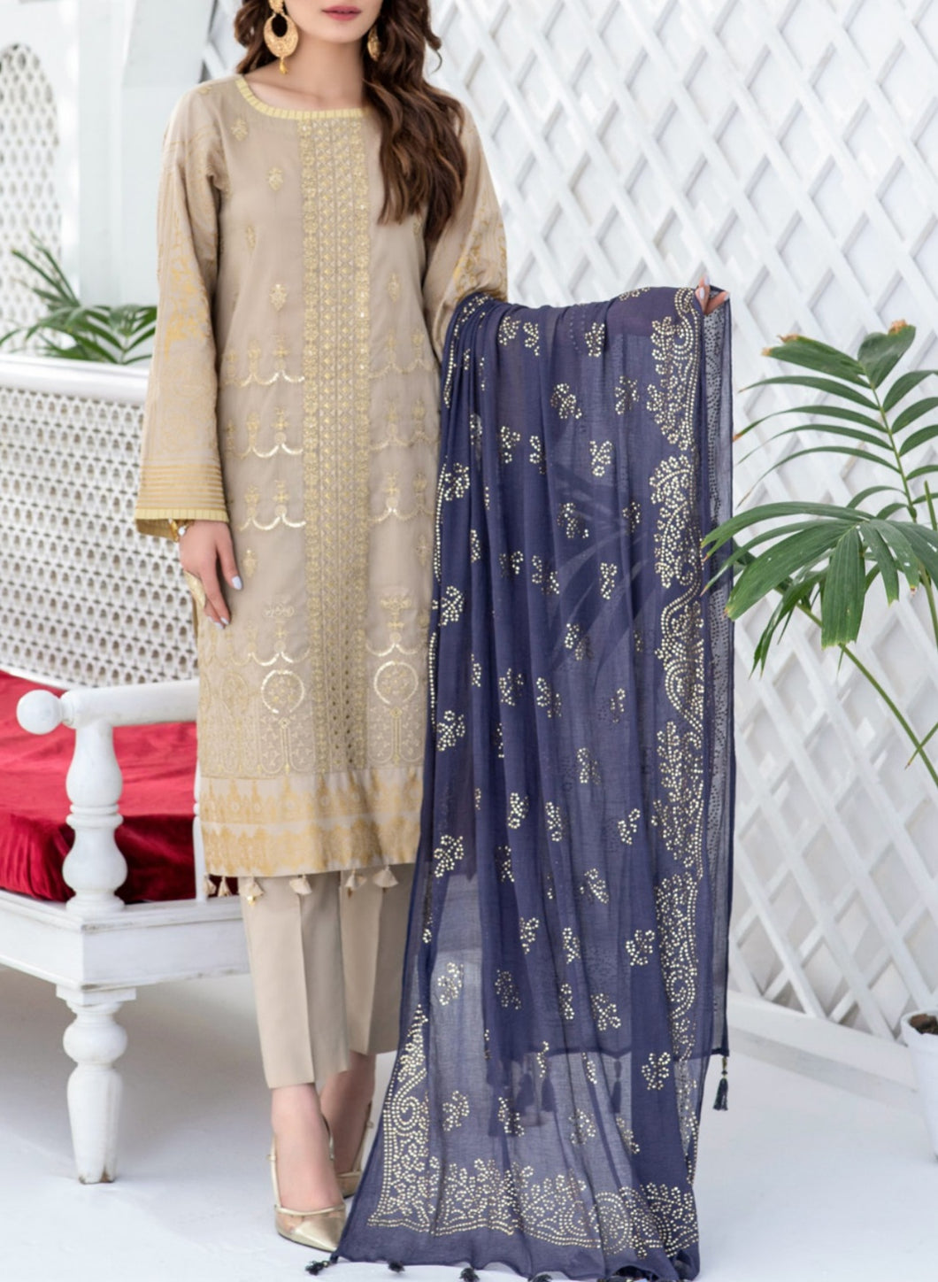 Salitex Oznur 3 pc Unstitched Gold Printed Heavy Embroidered Lawn Suit