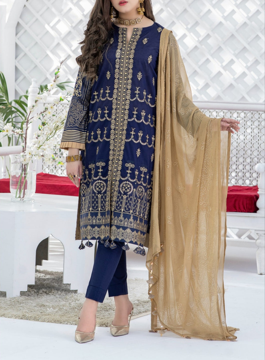 Salitex Oznur 3 pc Unstitched Gold Printed Heavy Embroidered Lawn Suit
