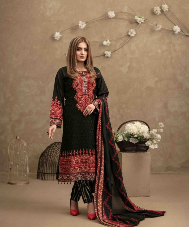 3 pc Semi-stitched Aari Embroidered Lawn Suit by Tawakkal Fabrics