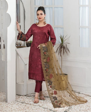 3 pc Unstitched Embroidered Fancy Jacquard Lawn Suit by Tawakkal Fabrics