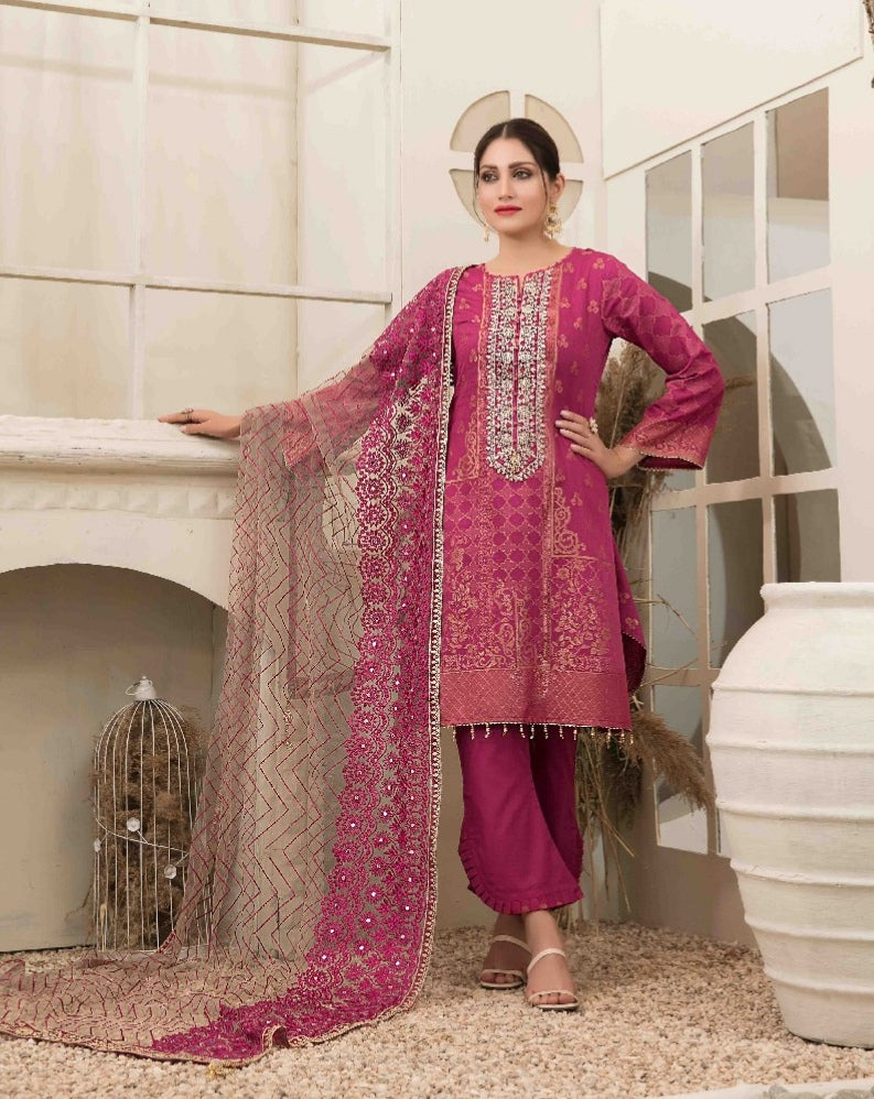 3 pc Unstitched Embroidered Banarsi Jacquard Lawn Suit by Tawakkal Fabrics