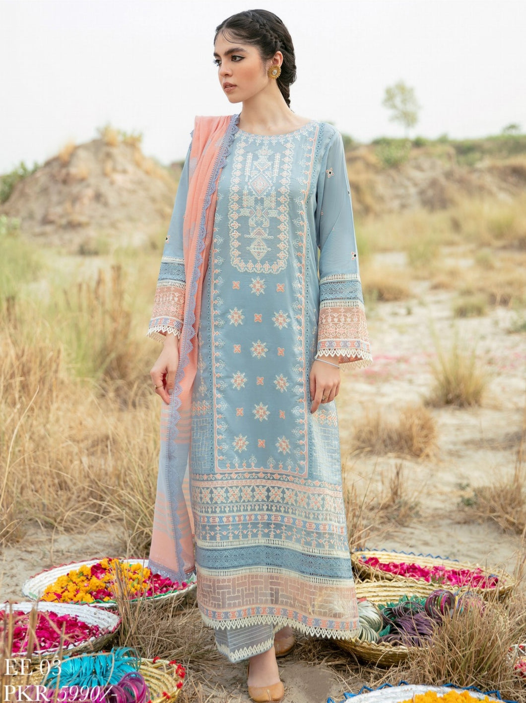 Qline 3pc Unstitched Luxury Lawn Suiting Code: EE 03