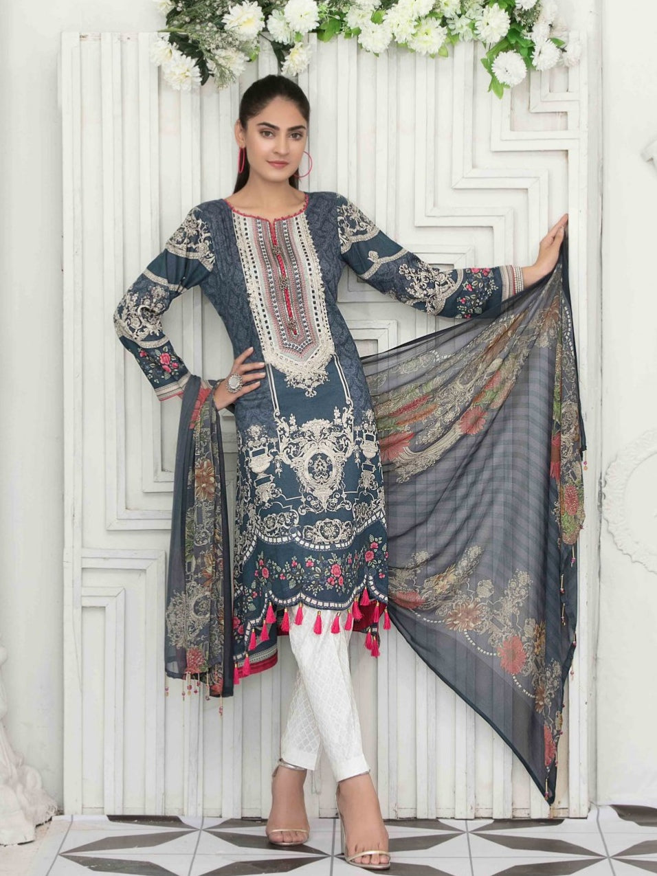 RAQAMI 3 pc Unstitched Embroidered Printed Lawn Suiting