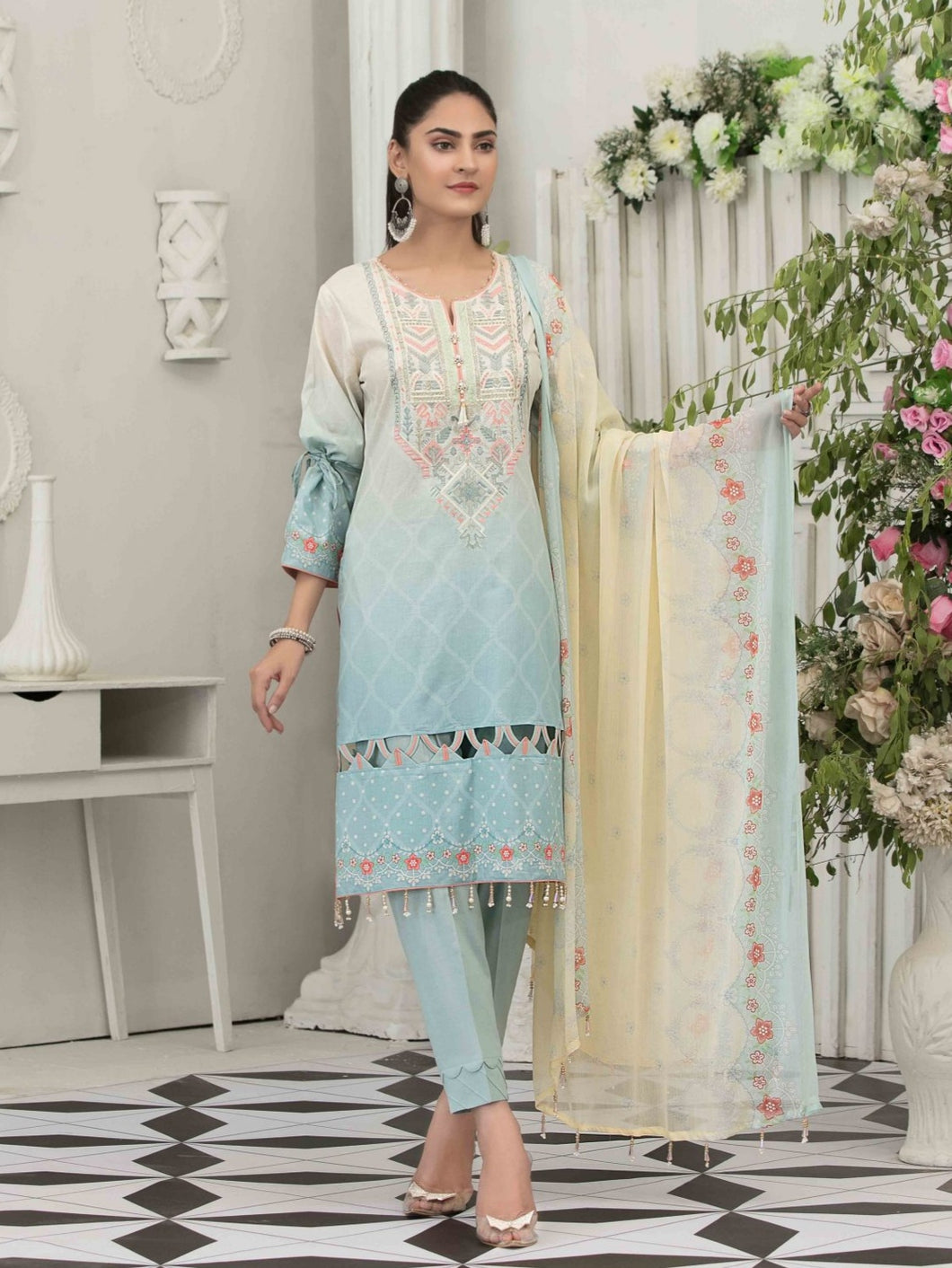 RAQAMI 3 pc Unstitched Embroidered Printed Lawn Suiting