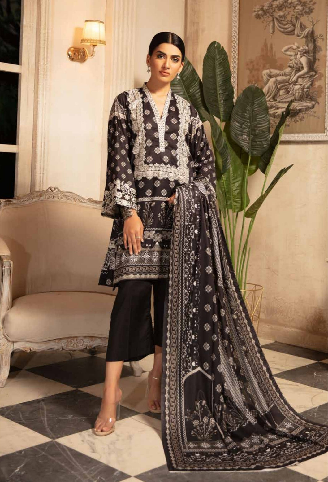 Yashal 3pc Unstitched Special Black Embroidered Digital Printed Lawn Suiting