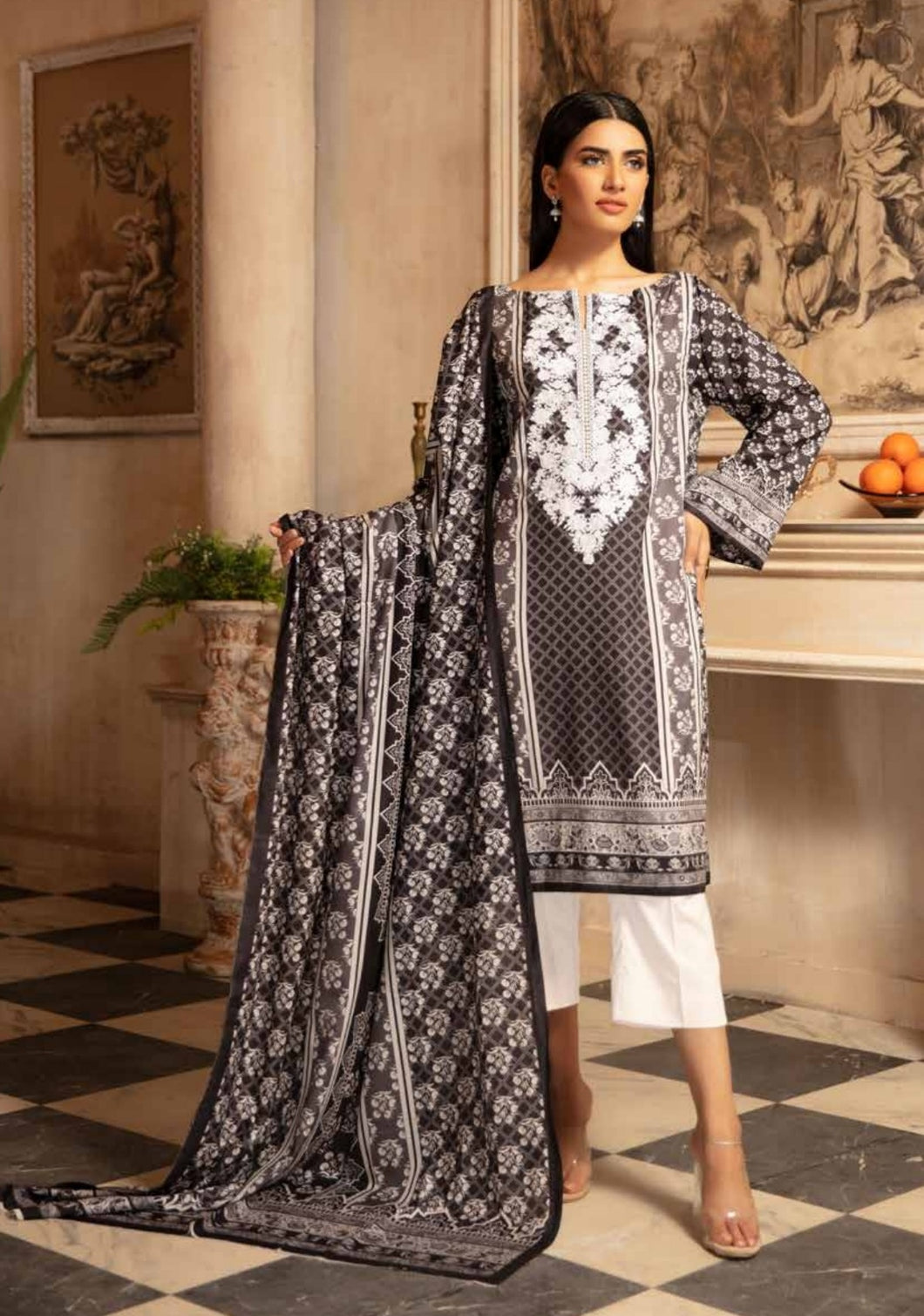 Yashal 3pc Unstitched Special Black Embroidered Digital Printed Lawn Suiting